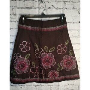 Heart Soul Skirt Woman's Size 5 Embroidered Brown Pink Floral Cotton